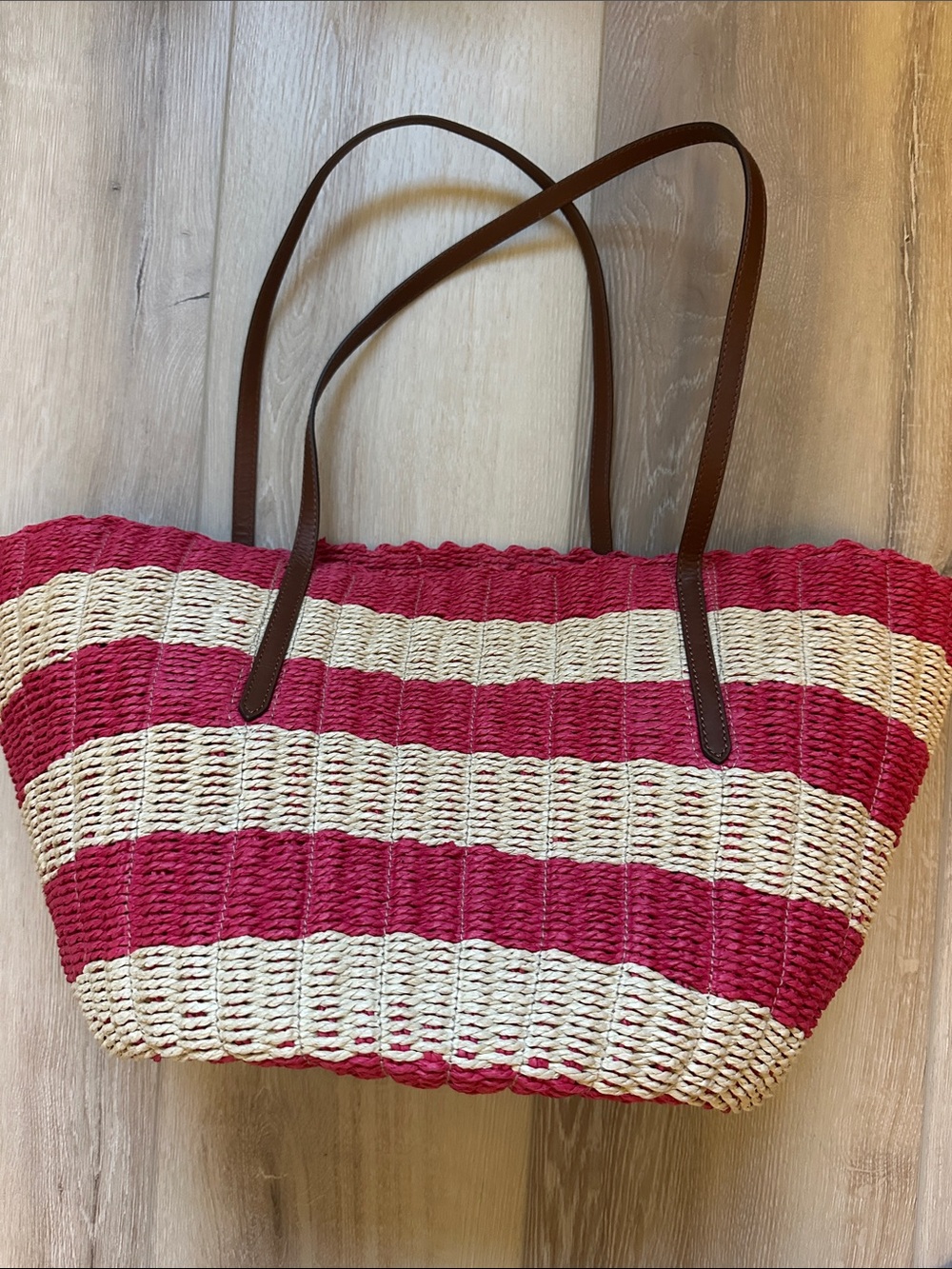 J Crew Como woven straw tote in stripe passion rouge - Picture 4 of 8